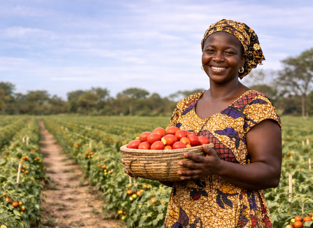 Woman farmer holding freshly harvested tomatoes in Ghana